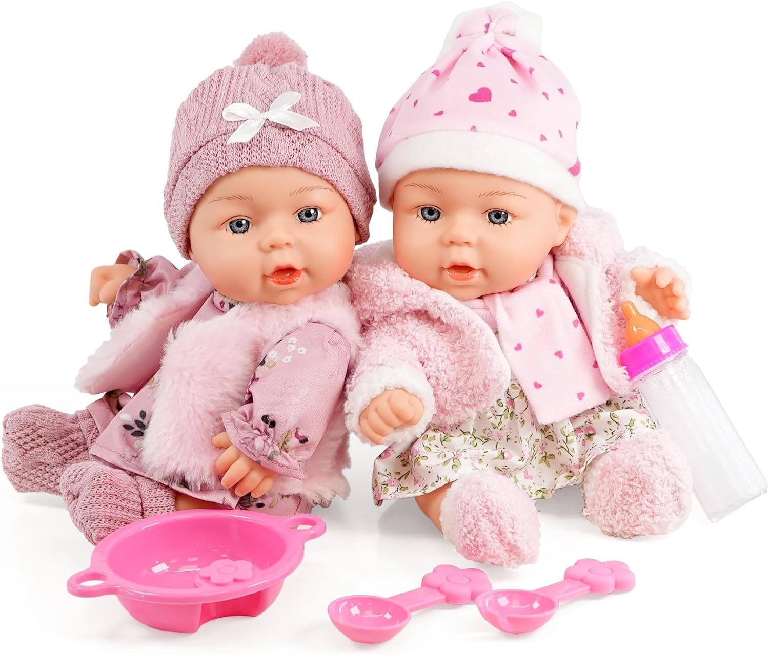 Bibi Doll 10" Realistic Twin Girl Dolls Ella & Emma with Pink Outfits, Feeding Set and Magic Milk Bottle - Soft Vinyl Body - Ideal for Girls and Boys Aged 3 Years and Up
