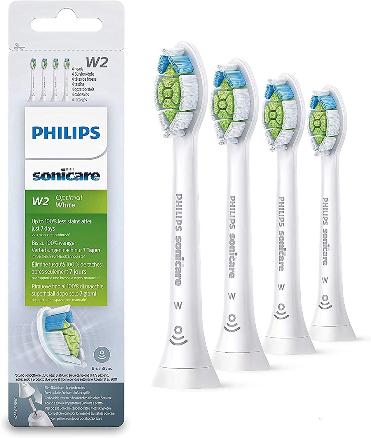 Philips Sonicare W2 Optimal White (was DiamondClean) interchangeable sonic brush heads HX6064/12 4-pack Standard size Click-on BrushSync mode pairing