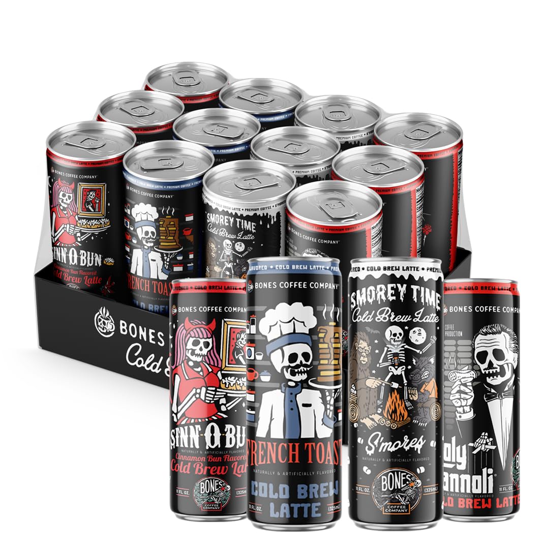 Bones Coffee Company Variety Pack Flavored Latte Coffee S'morey Time, Sinn 'O' Bun, Holy Cannoli, and French Toast, 11 Fl Oz Canned Drinks, Coffee On-the-Go (12 Pack)