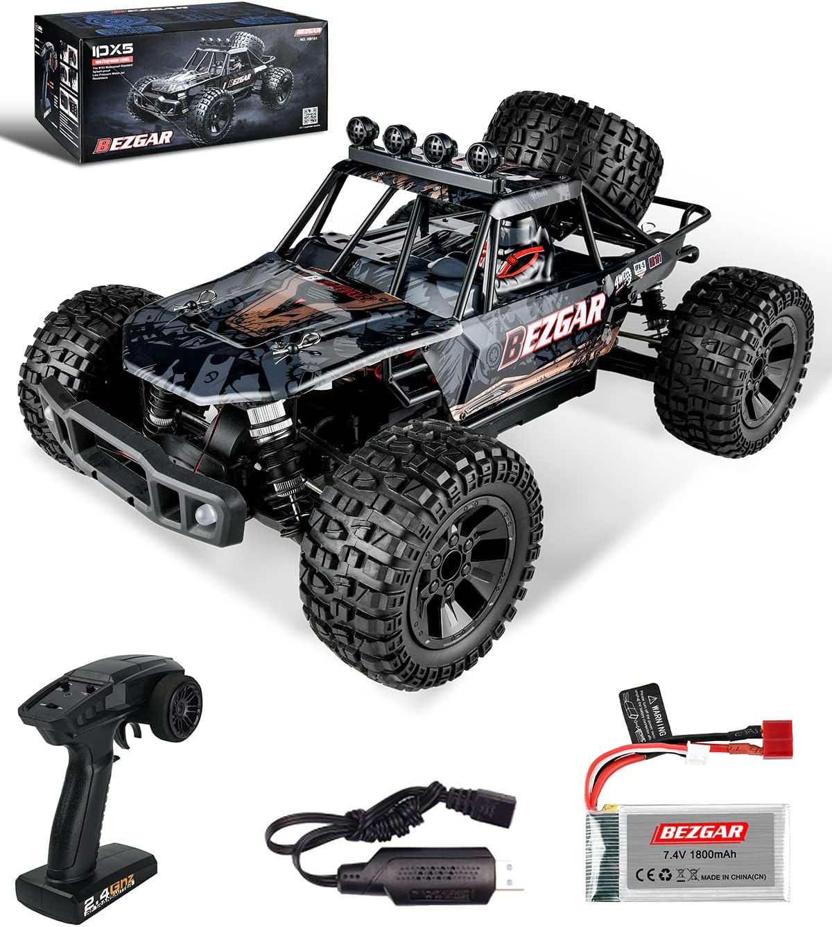 BEZGAR HB101 1:10 Scale Beginner RC Truck, 4WD High Speed 48km/h All Terrains RC Car Off Road Waterproof RC Buggy Toys for Boys Kids and Adults