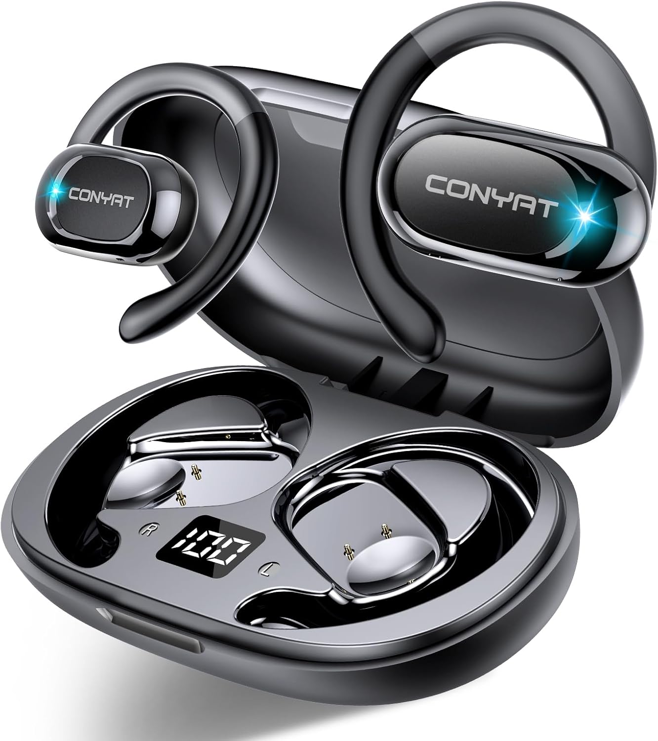 Conyat Open Ear Headphones, 58H Playtime Bluetooth 5.4 Wireless Earbuds with Immersive Stereo, Air Conduction Earphones with HD Mic, ENC Clear Calls/LED Display/IPX7 Waterproof Open Ear Earbuds, Black