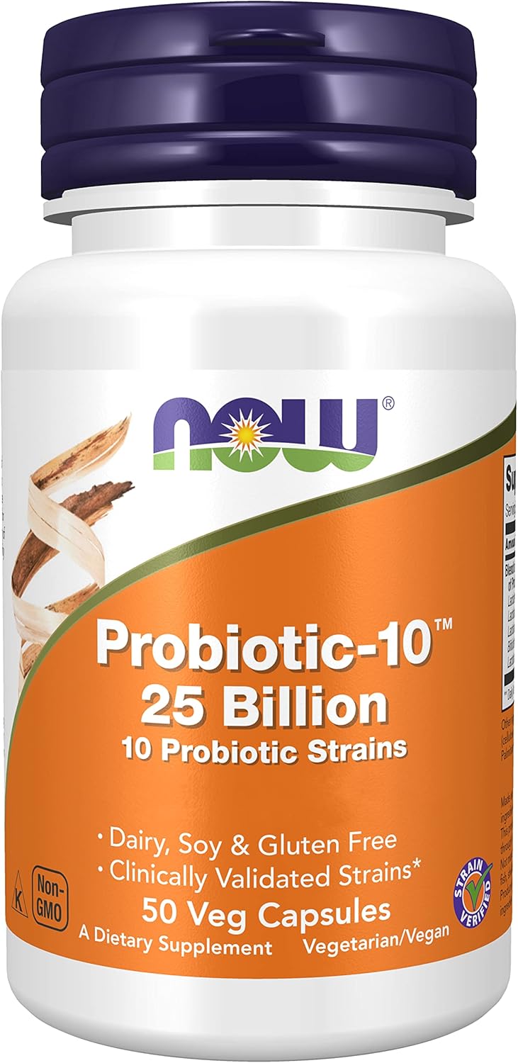 Now Foods, Probio-10, 10Strains of Bacteria, 25 Billion Bacterial Cultures, 50 Vegan Capsules, Lab-Tested, SOYA Free, Vegetarian, Gluten Free, Non-GMO