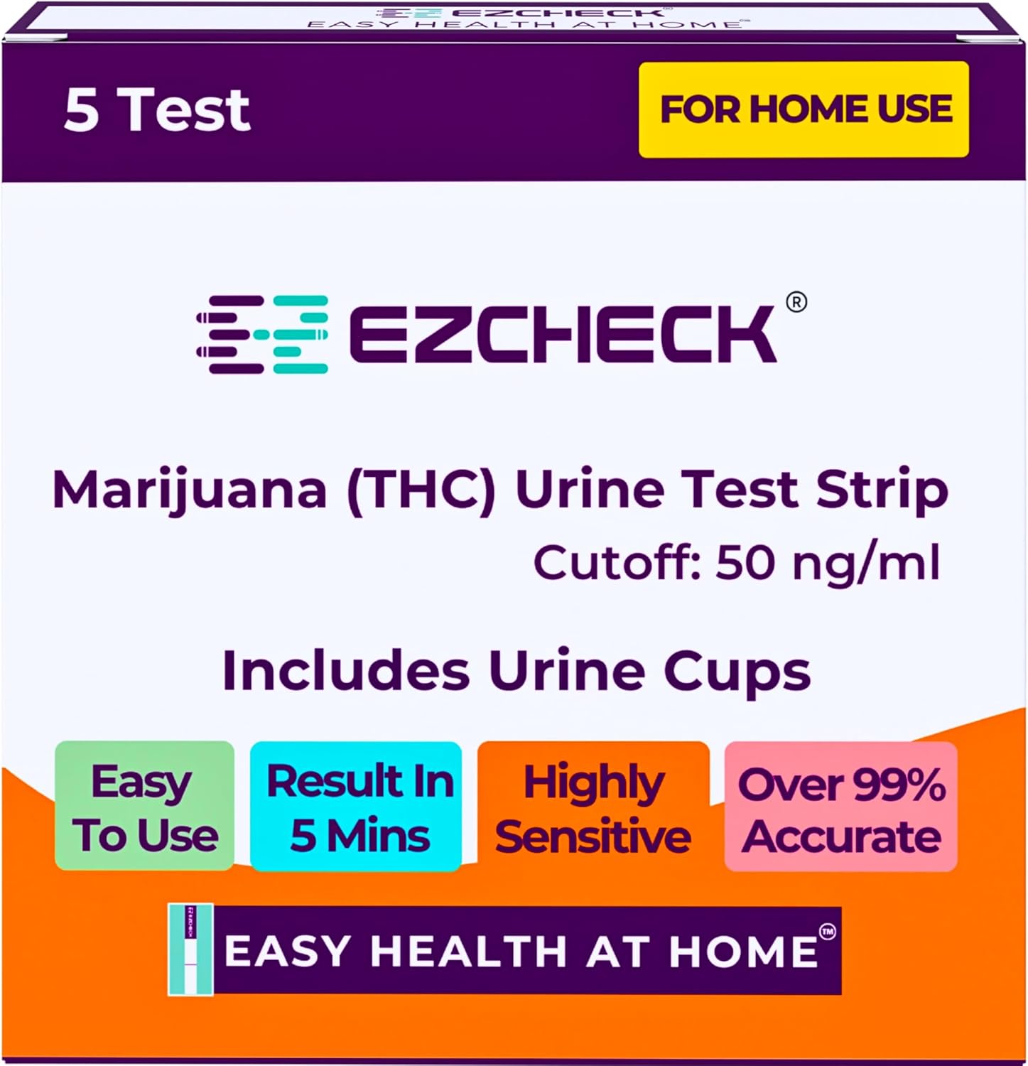 [5 Tests] EZCHECK® Highly Sensitive at Home Marijuana Drug Test Strip, THC Urine Drug Test, Easy Home Drug Test, 50 ng/ml - Fast Result in 5 mins