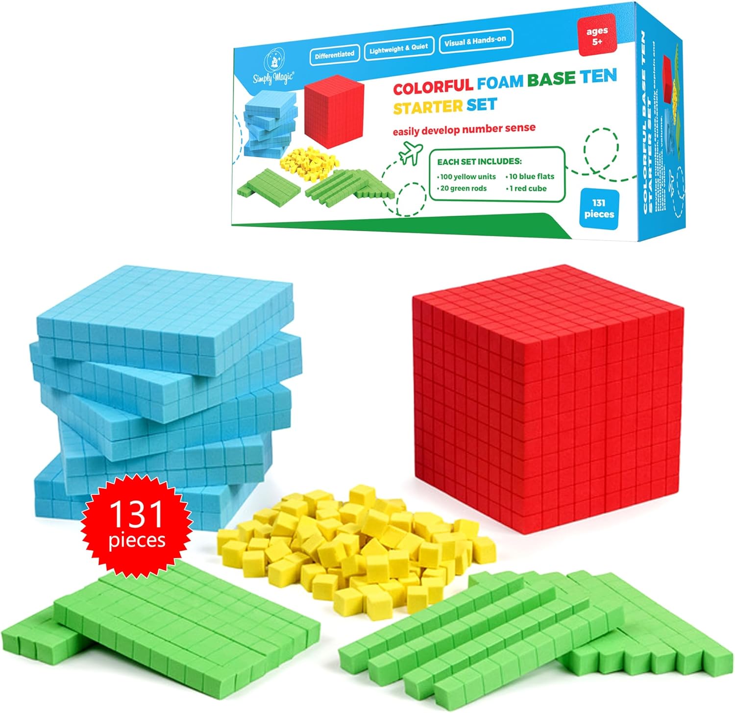 Simply Magic 131 PCS Foam Base Ten Blocks for Math - Place Value Blocks, Base 10 Math Manipulatives K-3, Math Counters, Number Blocks, Math Cubes, Counting Blocks - Kindergarten 1st 2nd 3rd Grade