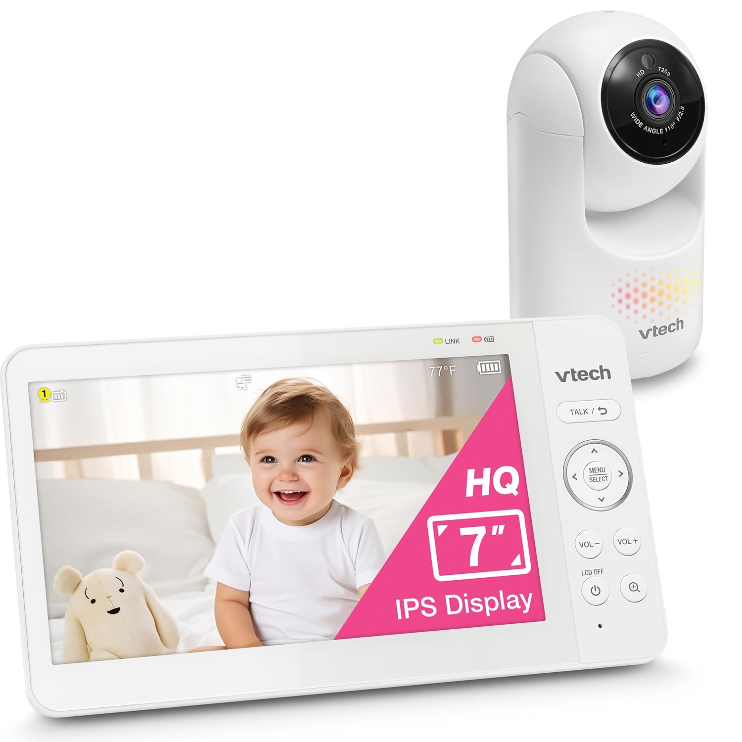 VTech Advanced HQ Max 7" Digital Video Baby Monitor with Pan Tilt Zoom, Long Battery Life 5000mAh, IPS Screen, Touch Control Multi-Color Night Light, 2-Way Talk, HQ Display, Lullabies, No WiFi, White