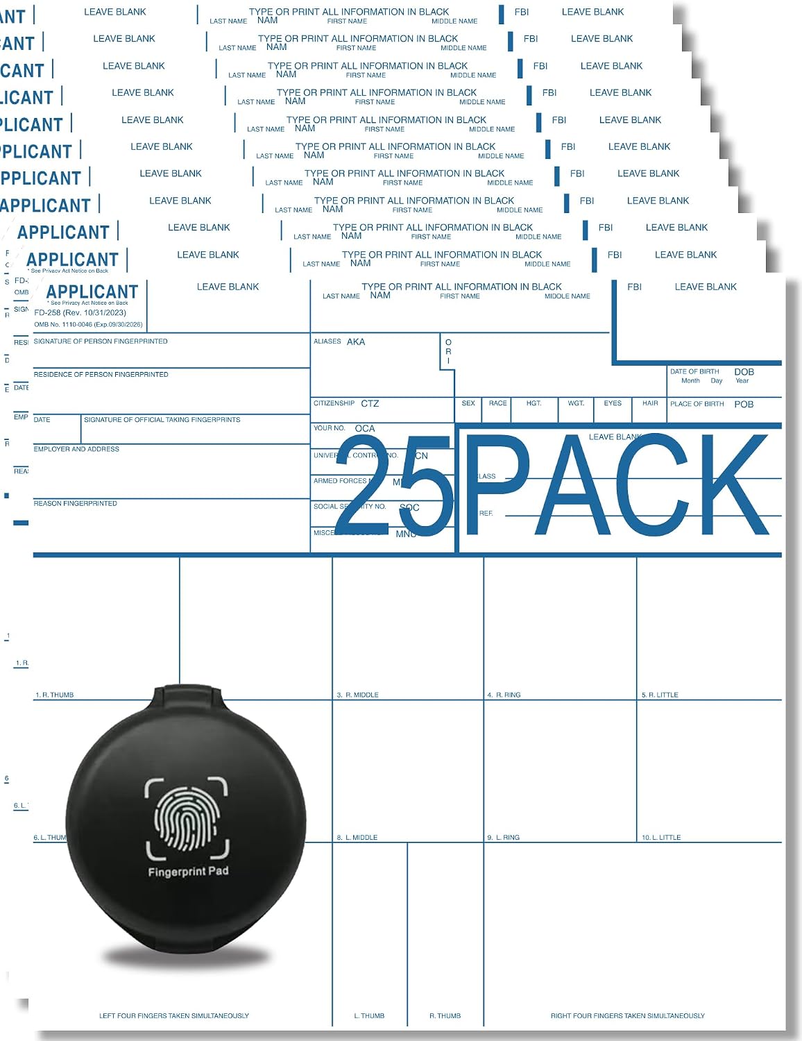 Fingerprint Cards FD-258, Reusable Ink Pad, 25 Pack, Fingerprint Cards