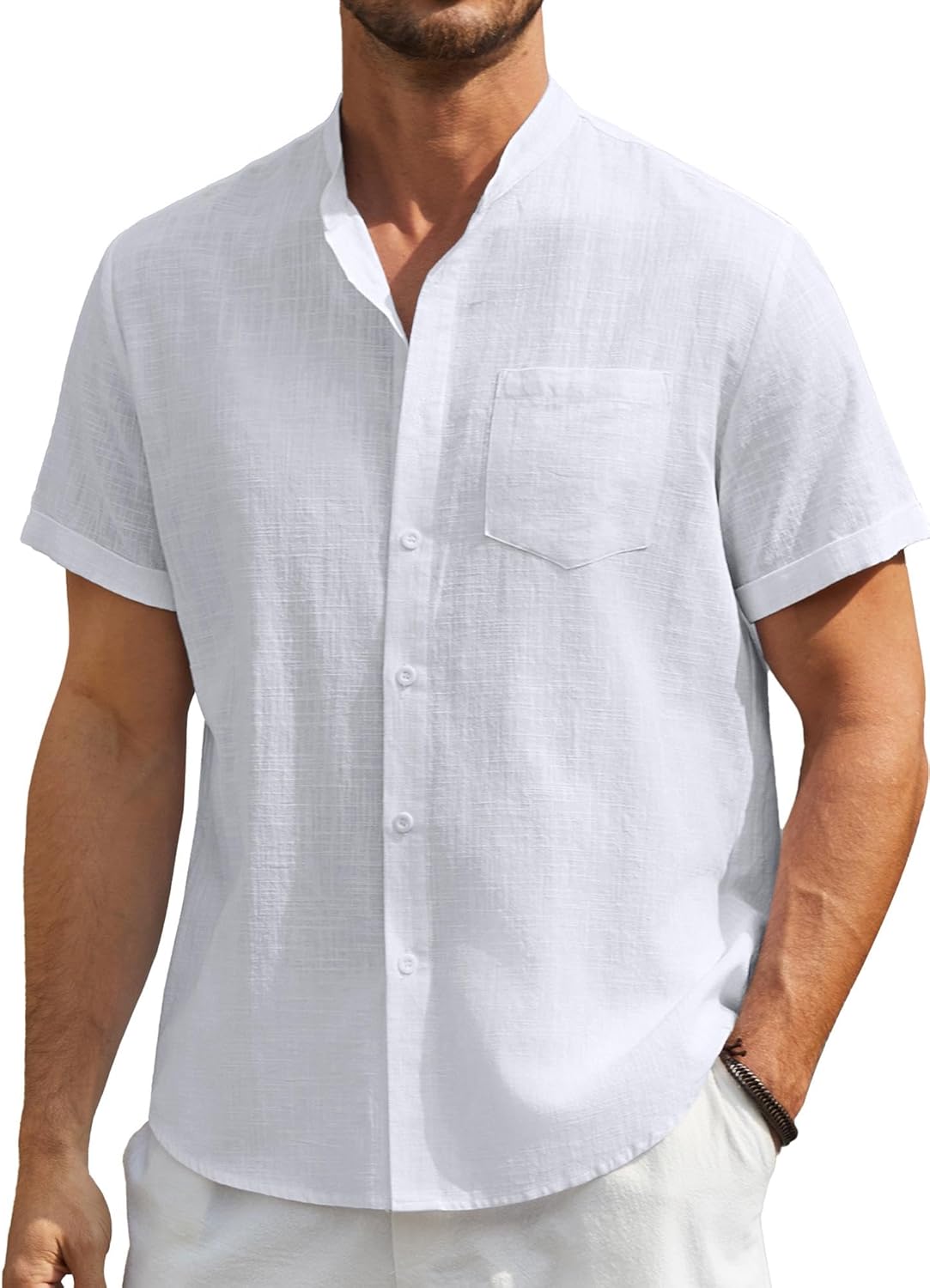 Enlision Mens Linen Shirts Short Sleeve Grandad Collar Collarless Shirts for Men Casual Summer Beach Henley Shirt Button Down S-4XL