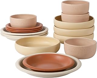 Corsica Clay 16 Piece (Service for 4) Double Plates and Bowls Stoneware Dishes Reactive Glaze Dinnerware Set - Assorted Colors
