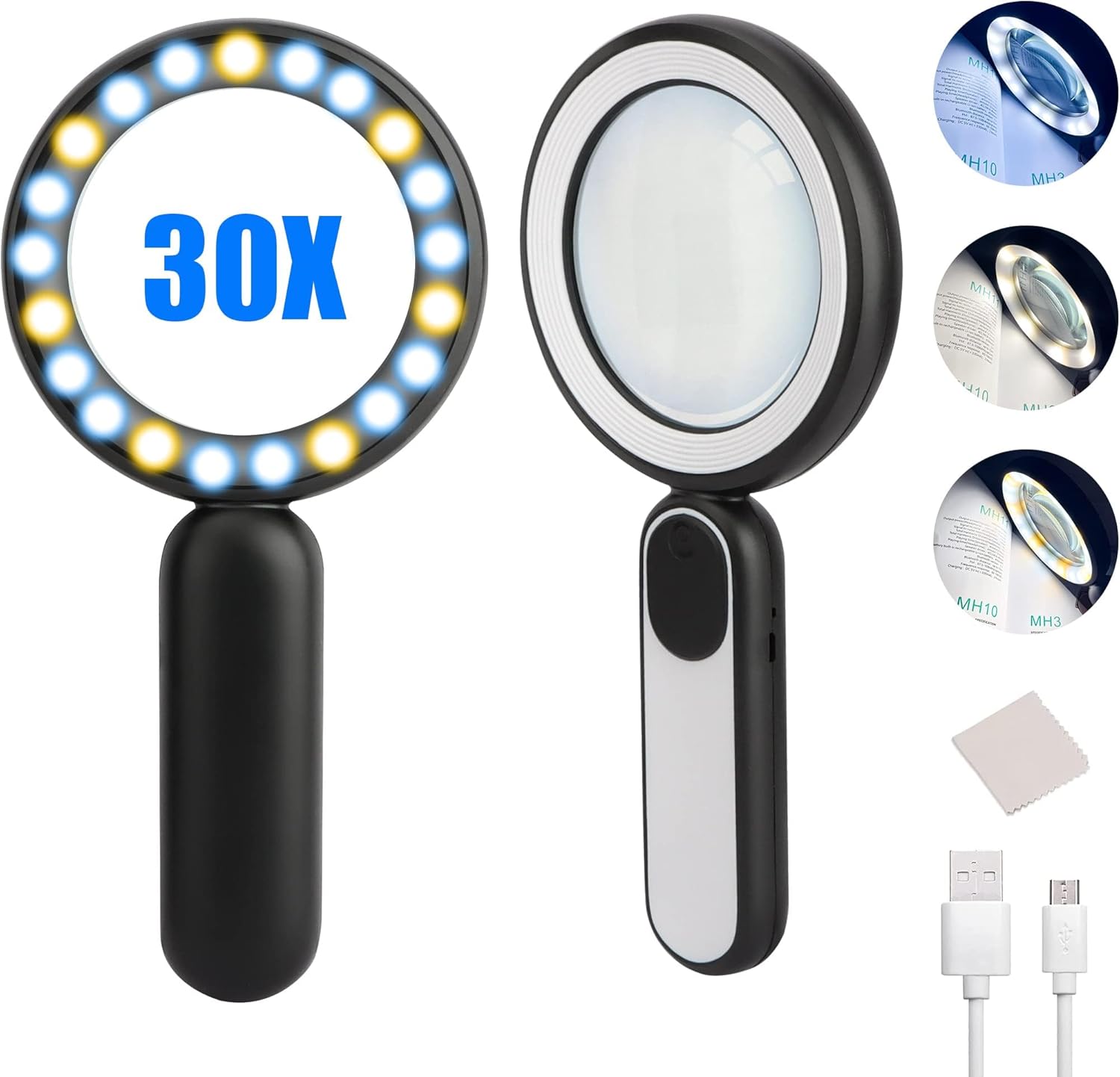 Magnifying Glass with Light, Handheld Illuminated Lighted Magnifying Glass with 21 Led, 3 Light Modes & Rechargeable USB Magnifier Seniors, Reading, Macular Degeneration, Exploring, Coins (Black)