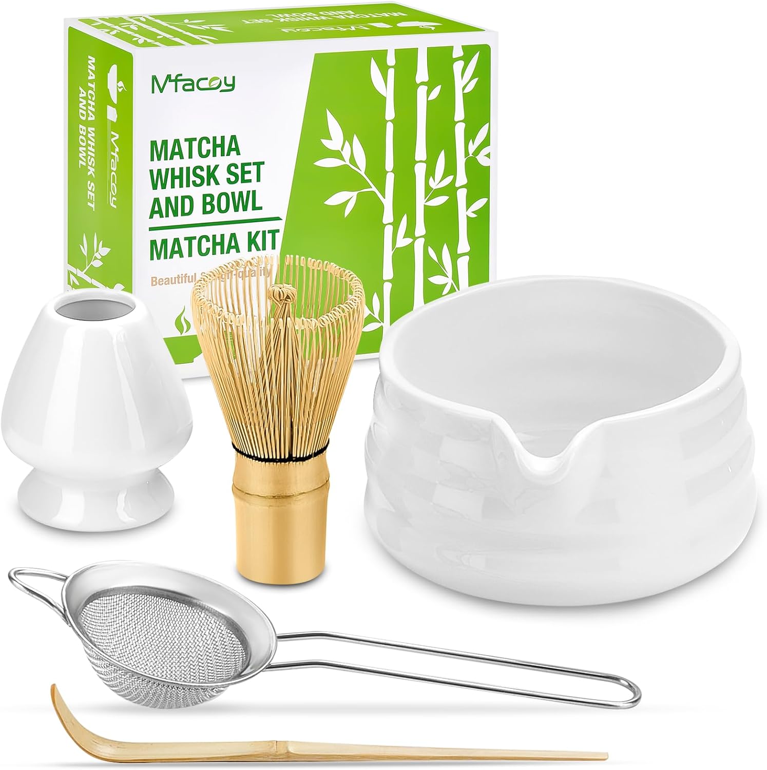 Matcha Whisk Set, Japanese Tea Set (5pcs) includes Matcha Bowl with Spout (19 oz), Bamboo Matcha Whisk and Matcha Scoop, Matcha Whisk Holder, Stainless Steel Sifter, Tea Making Tools, Matcha Kit