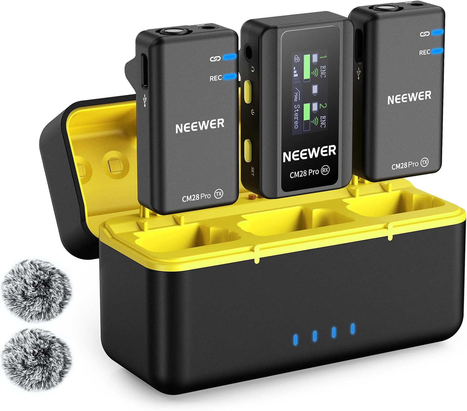 NEEWER CM28 PRO Wireless Lavalier Lapel Microphone System with Charging Case 48KHz 16 Bit Uncompressed Audio Noise Canceling 4GB Storage 9Hrs Recording Compatible with iPhone iPad Android Camera PC