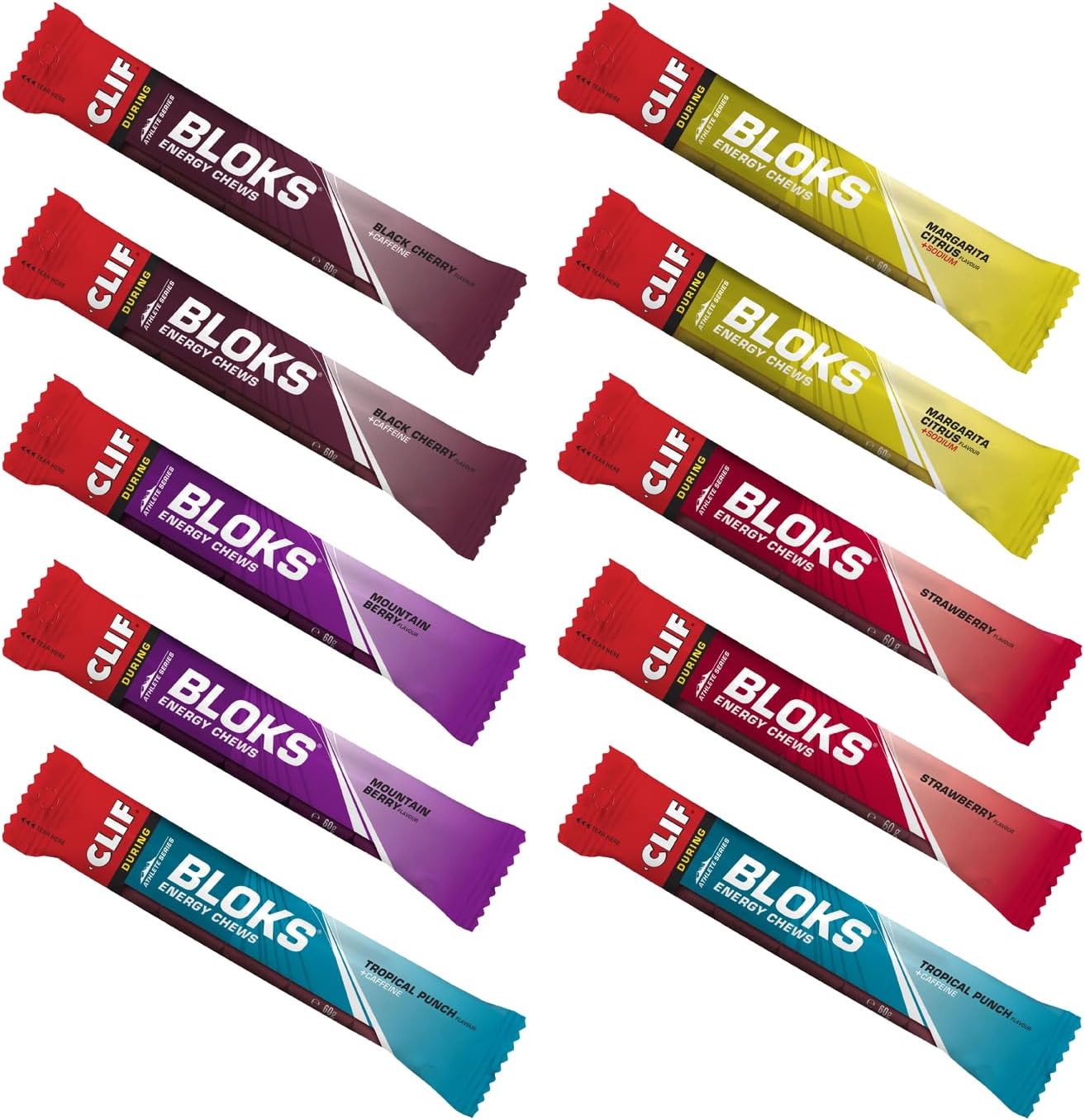 CLIF Bar Bloks Energy Chews - Quick Energy for Cycling and Running - Multi-flavour 2 x Mountain Berry, 2 x Strawberry, 2 x Black Cherry, 2 x Tropical Punch, 2 x Margarita Citrus - 60g Bars - (10 Pack)
