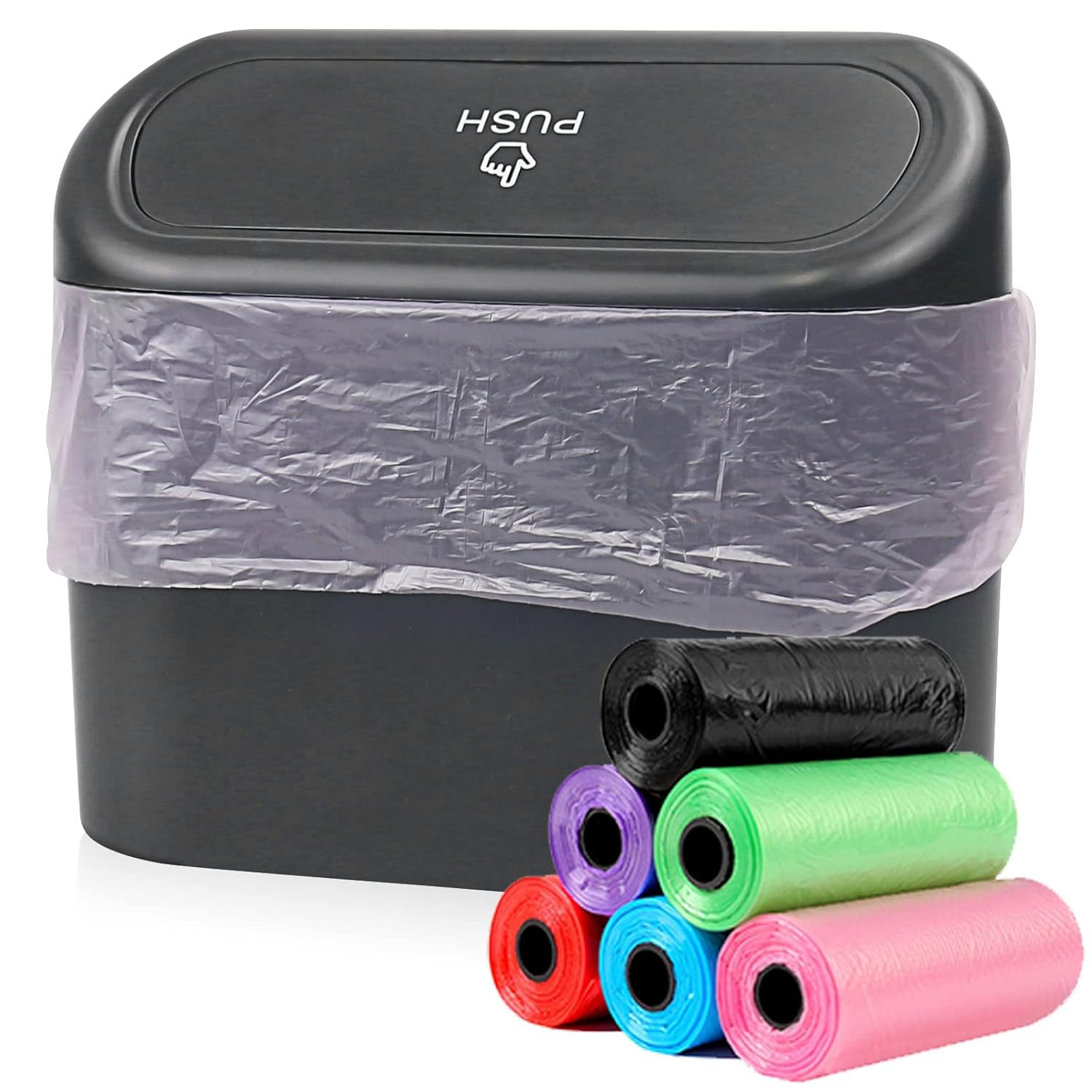 ABS Waterproof Multi-purpose Trash Can With 90 pcs Trash Bags - Cute Car Organizer Bin - Push-on Design - For Cars, Home, Office, Kitchen (16 * 14 * 7cm)