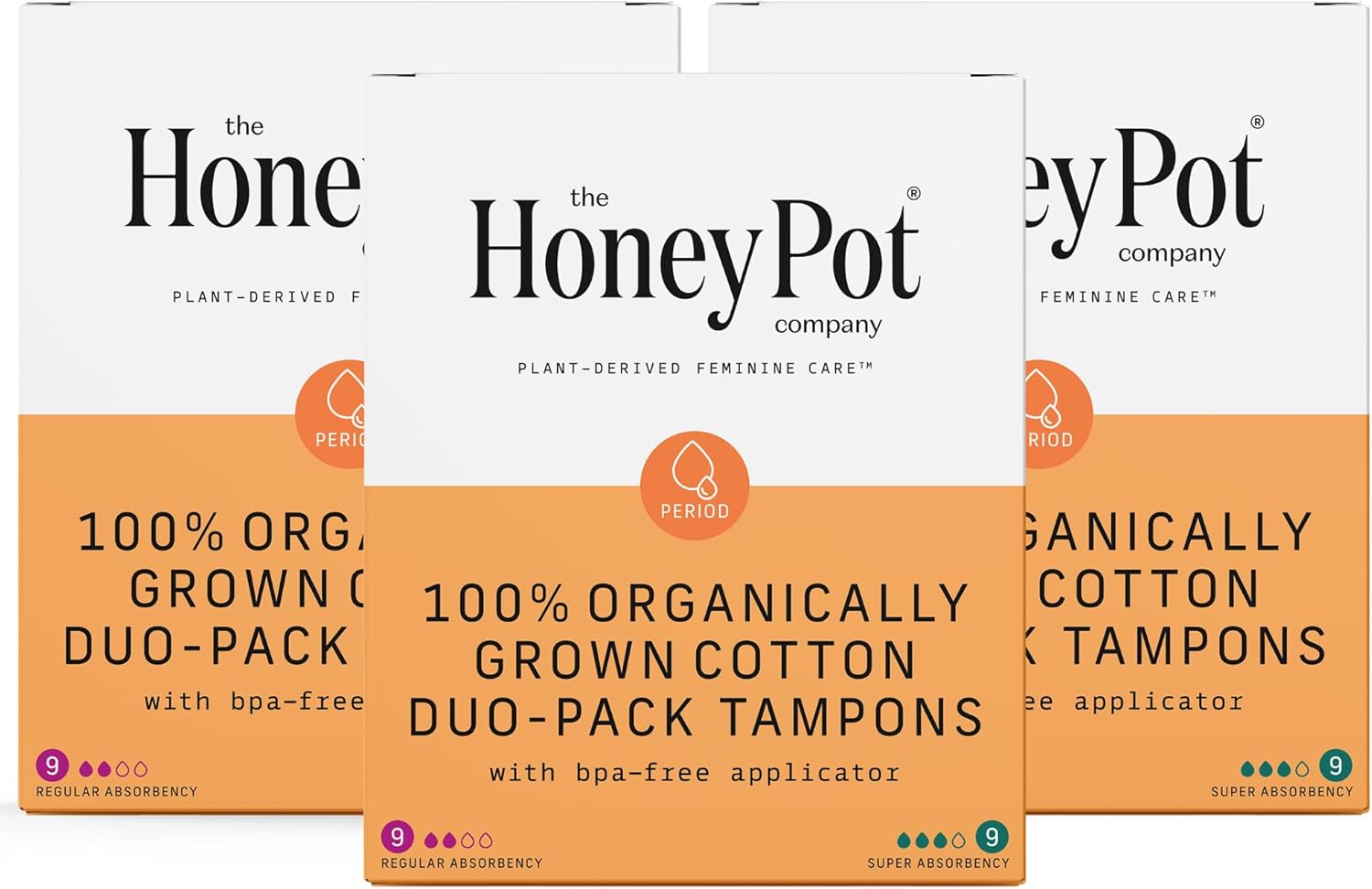 The Honey Pot Company - Multipack -100% Organic Cotton Core Tampons w/Bio Plastic Applicator - Regular & Super Absorbency - Unscented - Feminine Care - 54 Count (3 Packs of 18)