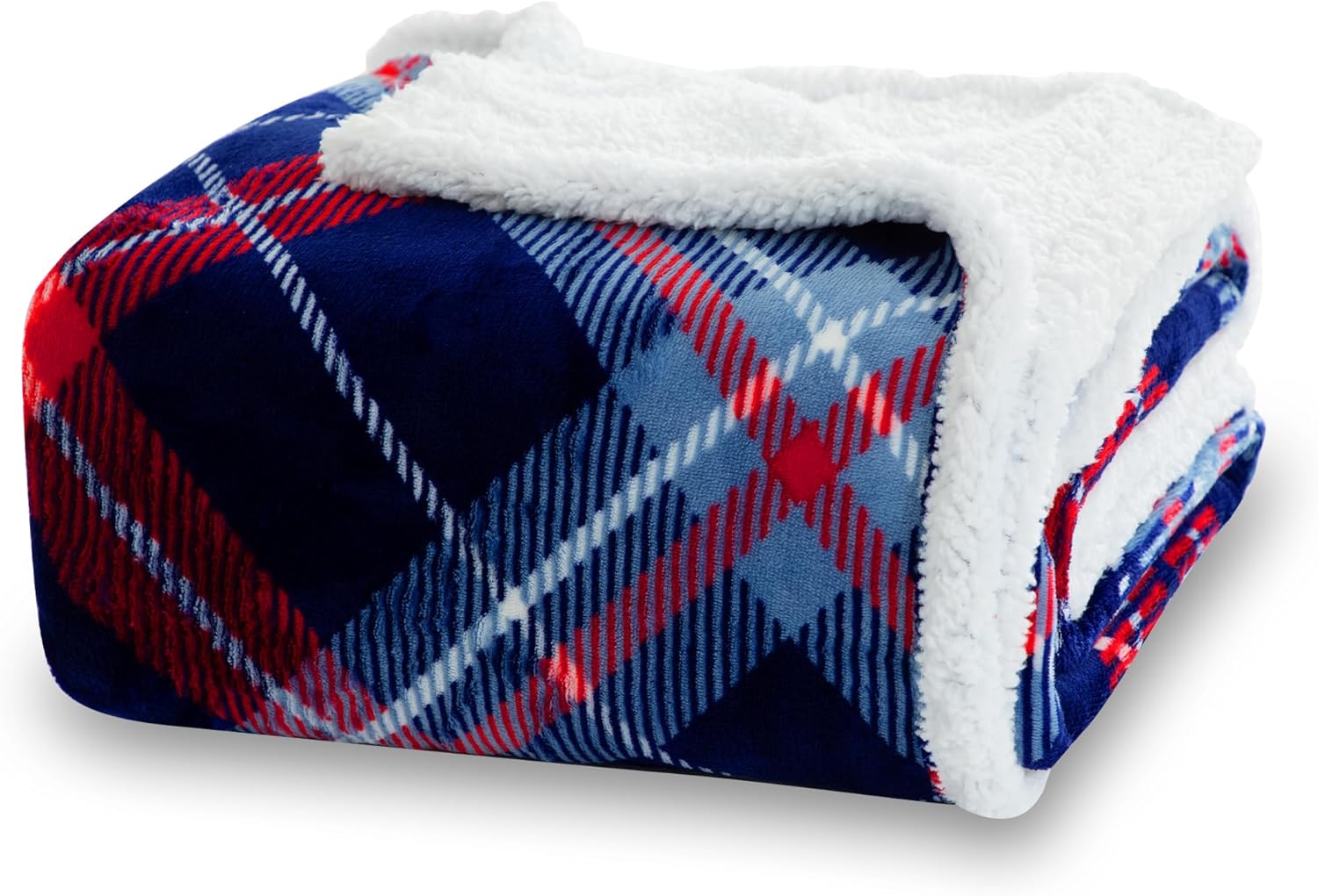 Winthome Double-Layered Sherpa Fleece Throw Blanket - Ultra Soft, Breathable & Warm Thick Blanket, Eco-Friendly Microfiber Blankets for Bed, Sofa Machine Washable Twin/Double Size Blue Check 150*200cm