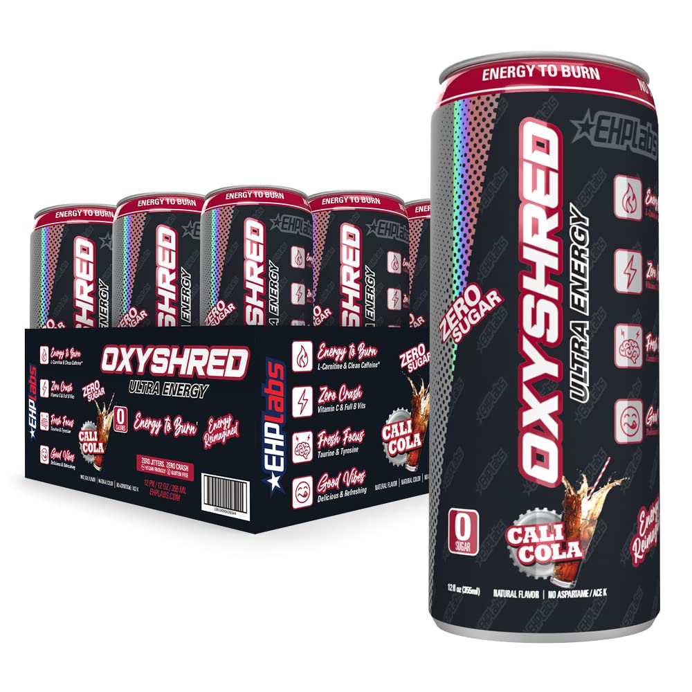 EHP Labs OxyShred Healthy Energy Drink - Zero Sugar Energy Drinks with Amino Acids, Green Tea Extract, Vitamin C & L Carnitine - Zero Carbs, Zero Calories, Clean Caffeine, Cali Cola (12-Pack)