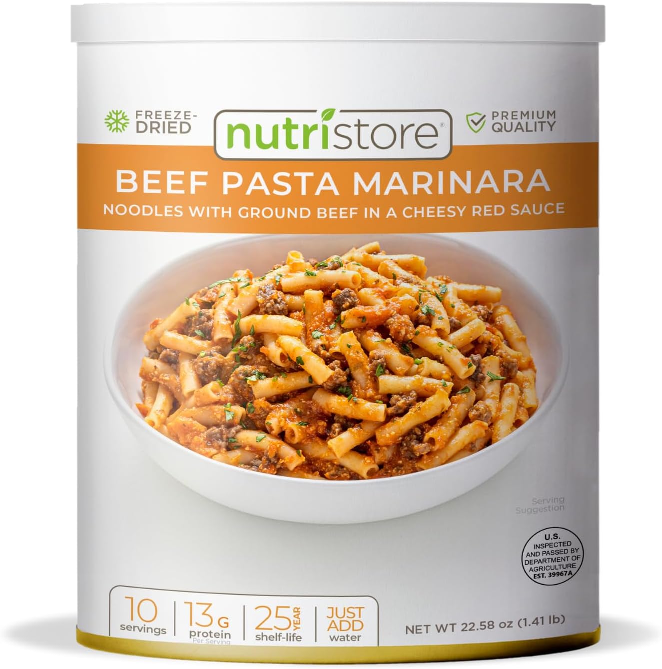 Nutristore | Freeze-Dried Beef Pasta Marinara | Emergency Survival Bulk Food Storage Meal | Perfect for Everyday Quick Meals and Long-Term Storage | 25 Year Shelf Life | USDA Inspected