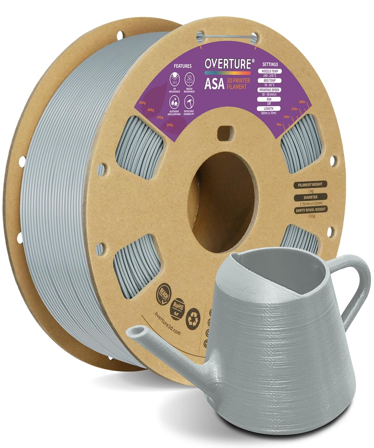OVERTURE ASA Filament 1.75mm, 1kg Spool (2.2lbs) 3D Printer Filament, Premium Anti-UV, ASA Filament Perfect for Printing Outdoor Functional Parts, Dimensional Accuracy +/- 0.02 mm(ASA Gray)