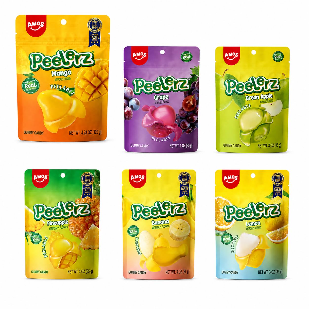 AMOS Peelerz Peelable Gummy Candy Variety Pack, Mango, Grape, Green Apple, Pineapple, Banana & Lemon Flavors, Made with Real Fruit Juice, 6 Bags, 19.22 oz (545 g)