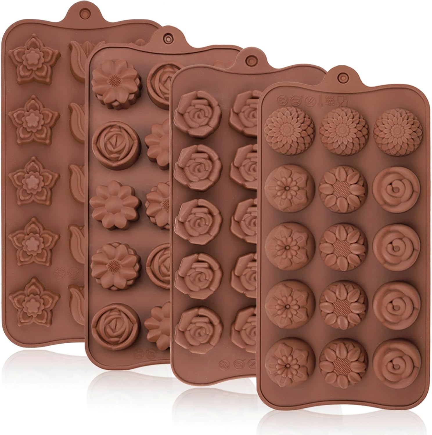 JOERSH 4PCS Silicone Chocolate Flower Molds for Candy, Fat Bombs Snacks, Truffles, 11 Floral Shapes 60 Cavities Candle Soap Wax Melts Mold (Rose, Sunflower, Tulip, Coreopsis)
