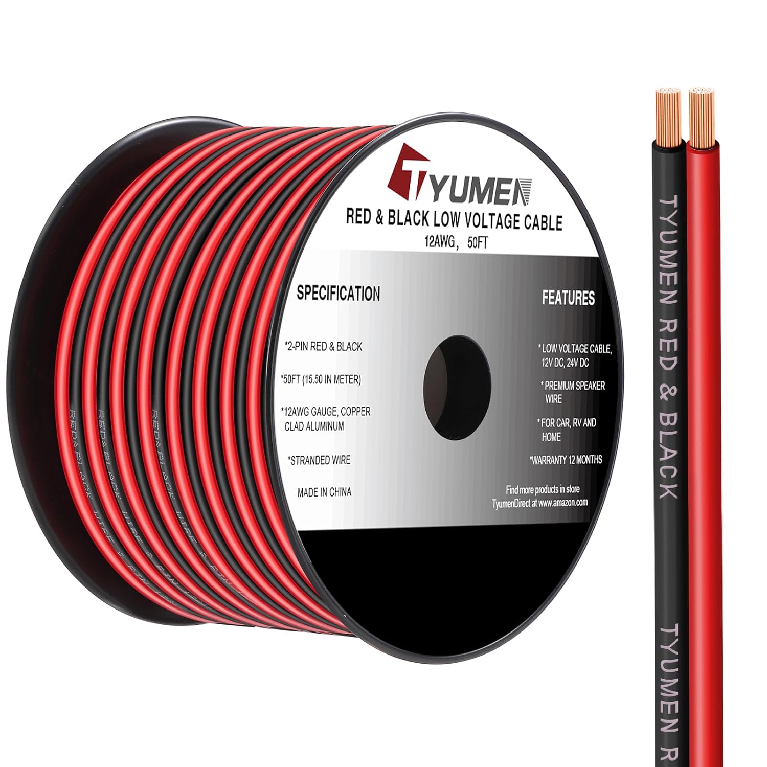 12 Gauge Wire 50FT, 12 AWG Red Black Hookup Electrical Wire LED Strips Extension Cord 12V/24V DC Cable, 12AWG 2 Conductors Flexible Wire for in-Home, Autos, Schools use