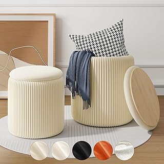Beige Ottoman with Storage Set of 2, Upholstered Velvet Vanity Stool, Comfy Round Makeup Vanity Stools, Large Storage Ottoman Foot Rest, Pouf Seat for Living Room/Bedroom