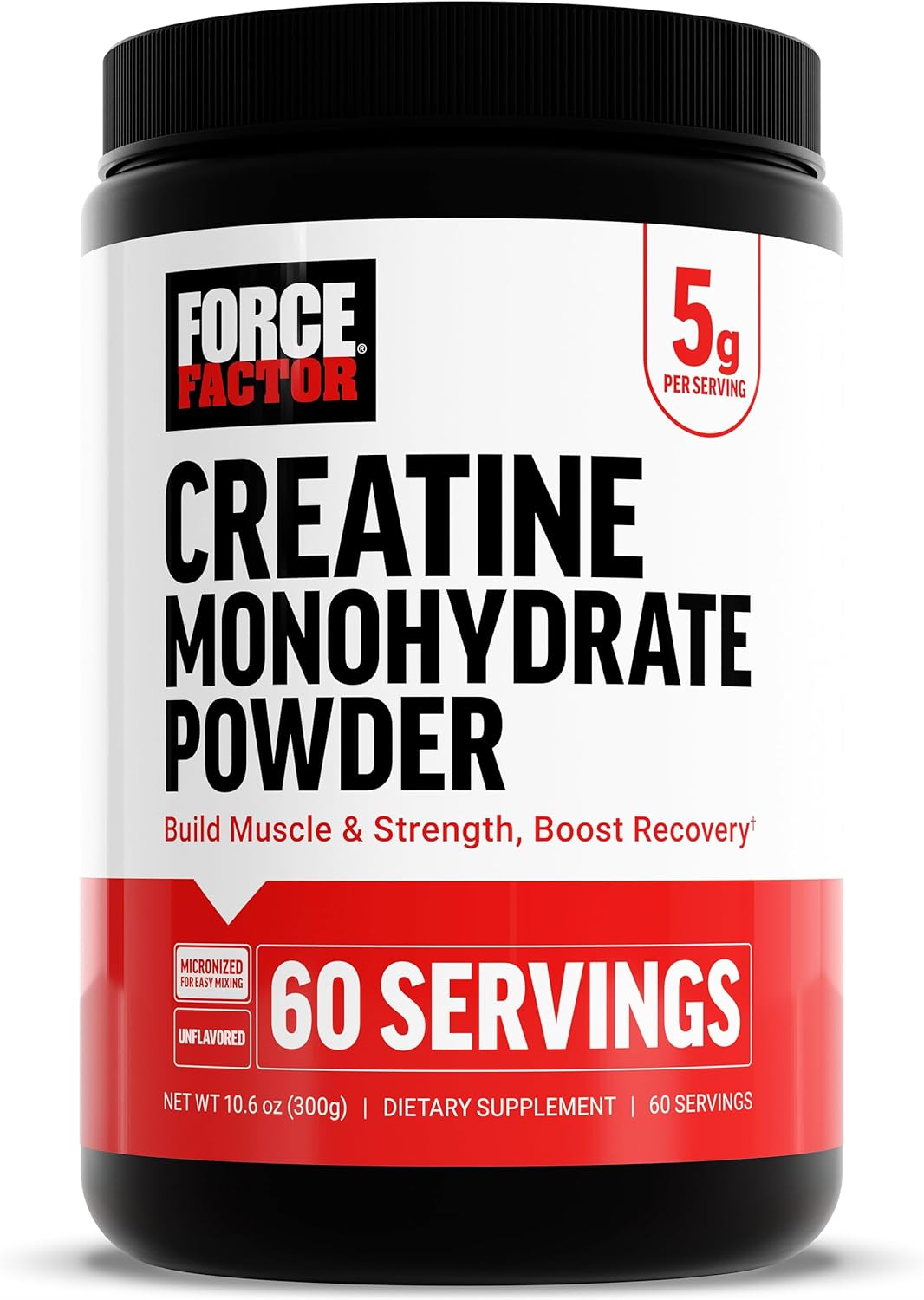 Force Factor Creatine Monohydrate Powder, 5g Micronized Dose to Support Muscle Growth, Strength, Recovery, Cognitive Health & Memory, Unflavored, 60 Servings