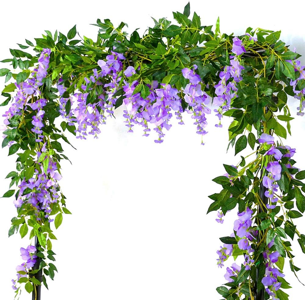 2x7ft Artificial Wisteria Vine Garland, 2m Faux Silk Hanging Vines Plants Waterproof Anti-UV Flower Garland Decoration Long-term Use for Home Party Garden Wedding Decoration (Purple)
