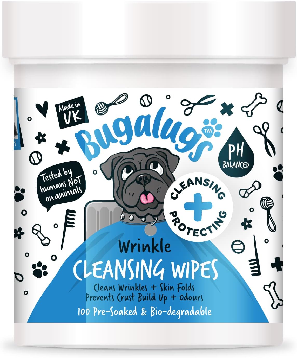 BUGALUGS Wrinkle Dog Wipes for pawly skin - 100 Biodegradable dog grooming pet wipes. Use as Dog ear wipes, dog eye wipes, dog face wipes, Paw & Bum wipes for puppy, dogs & cat grooming