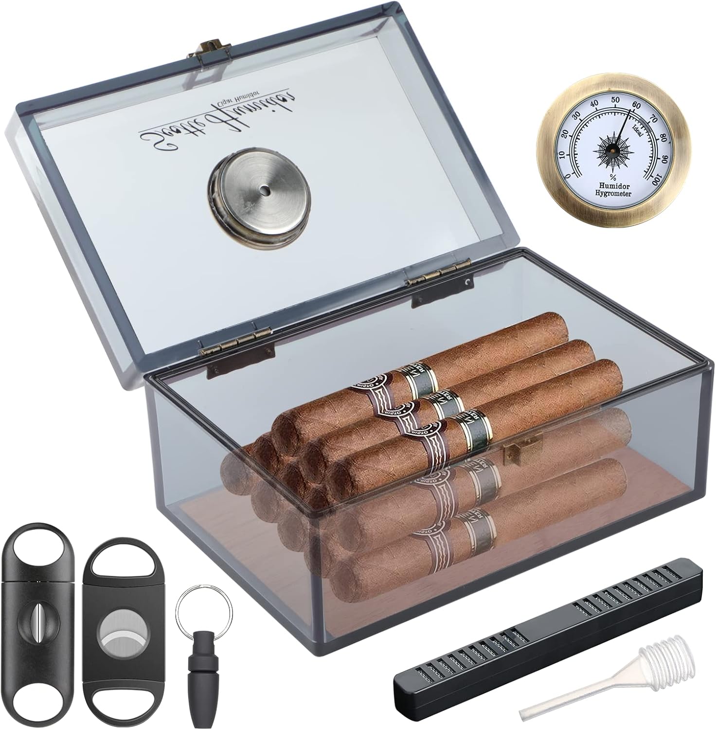 Scotte Acrylic Humidor - Cigar Box With Hygrometer, Humidifier & Accessories (Grey, Holds 20 Cigars)