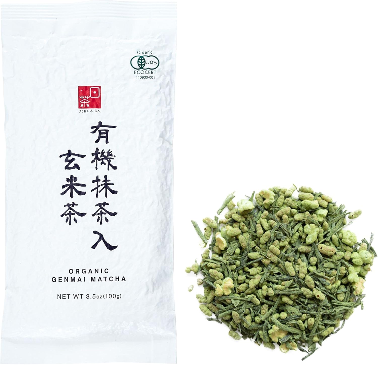 Ocha & Co. Organic Genmaicha Green Tea with Roasted Brown Rice - JAS Certified - Premium Japanese Genmai Matcha Loose Leafs & Brown Rice Blend, 100g/3.5oz.