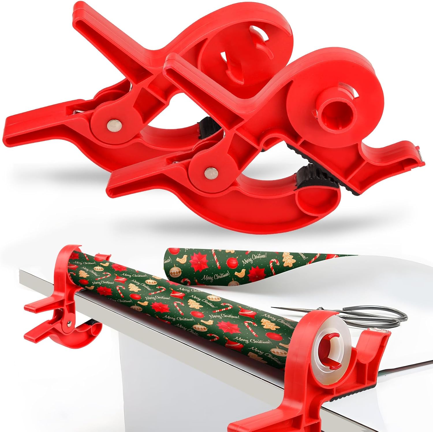 DAMIGHT Gift Wrapping Tool, 2 Pcs Tabletop Gift Wrapping Paper Holder Clamps with Integrated Tape Dispensers, Wrapping Paper Cutter for Packing Christmas, Birthdays & Other Holidays
