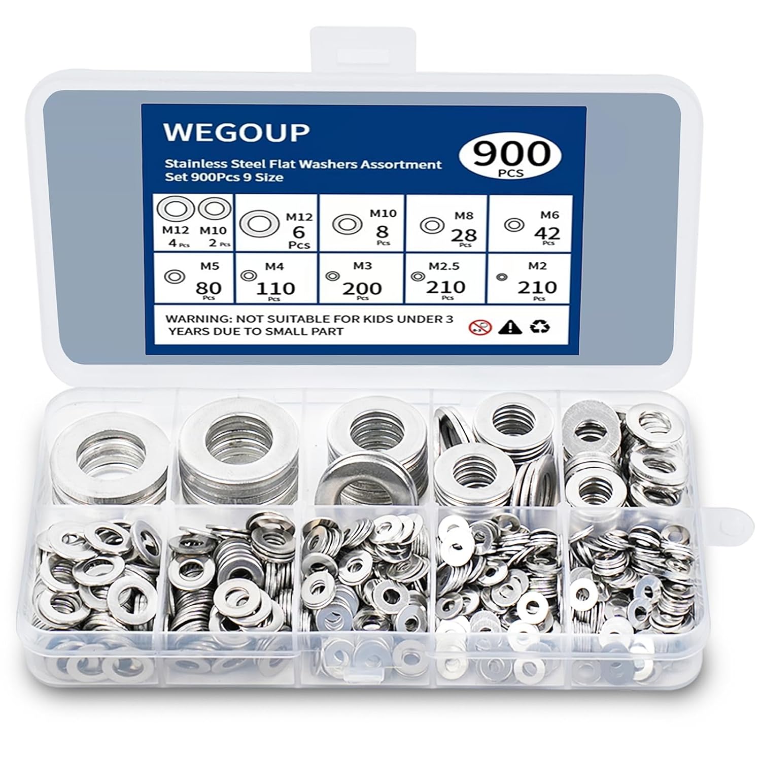 900 Pcs Stainless Steel Flat Washers for Screws, 304 Stainless Steel, Assorted Sizes (M2 M2.5 M3 M4 M5 M6 M8 M10 M12) for Industrial Use, Washers for Bolts