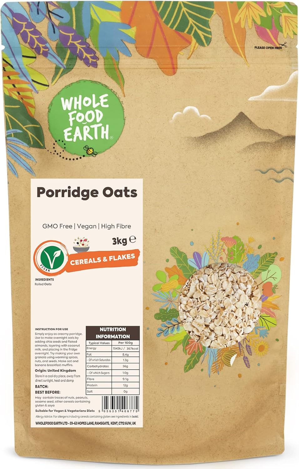Wholefood Earth Porridge Oats 3 kg | GMO Free | High Fibre