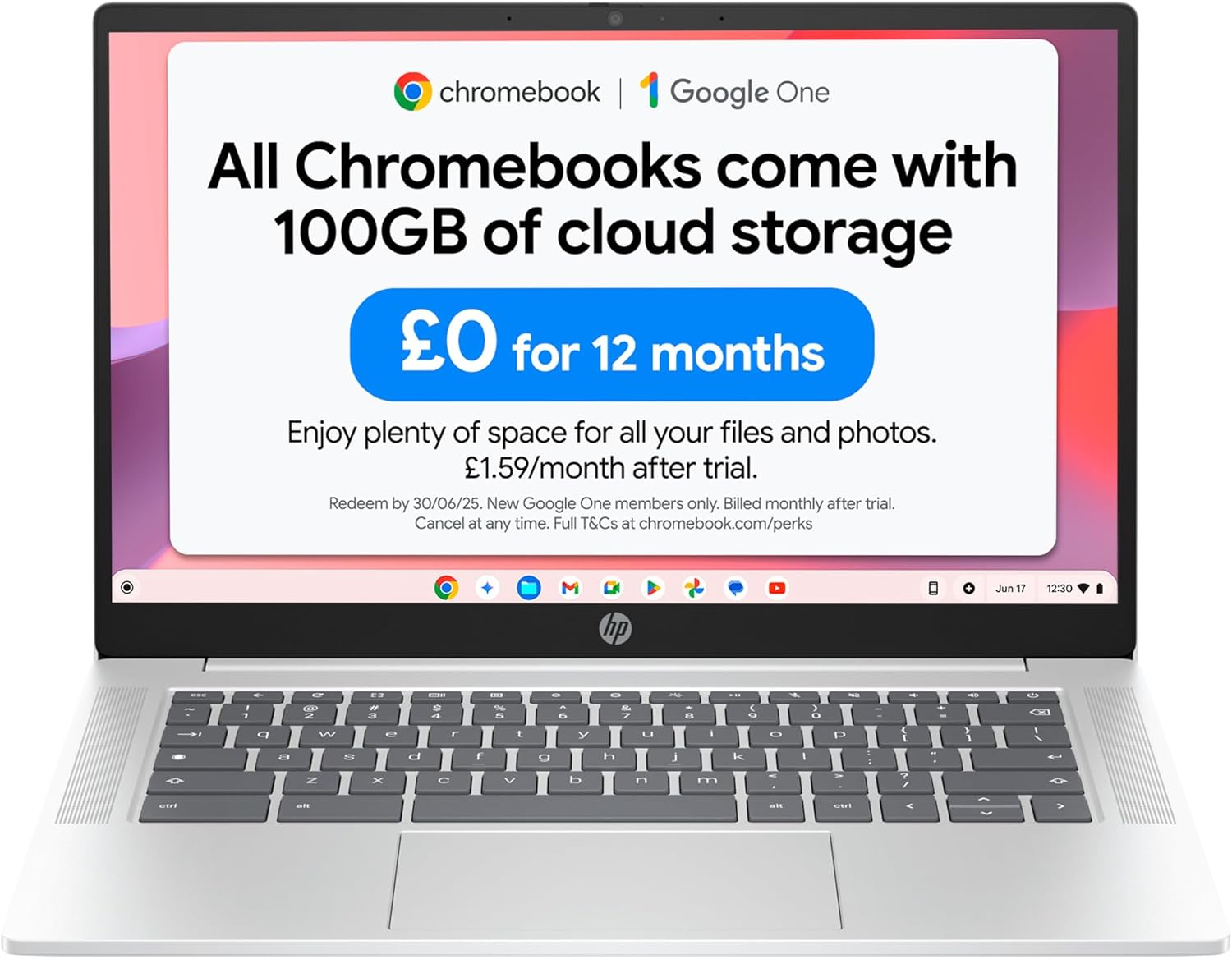 HP Chromebook 14" | Intel Processor N100 Processor| 4 GB RAM | 128 GB Flash Storage | Intel UHD Graphics | HD Display | Up to 12hrs battery | Chrome OS | Dual Speakers | Glacier Silver | 14a-nf0002sa
