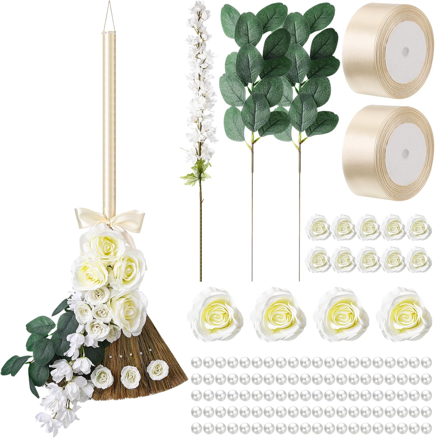 Yungyan Bride Bridegroom DIY Jump Broom Whisk Wedding Brooms 11.81 x 25.2 Inch for Jumping with Ribbons Artificial Pearl Eucalyptus Leaves Roses Delphinium for African American Wedding Ceremony Crafts