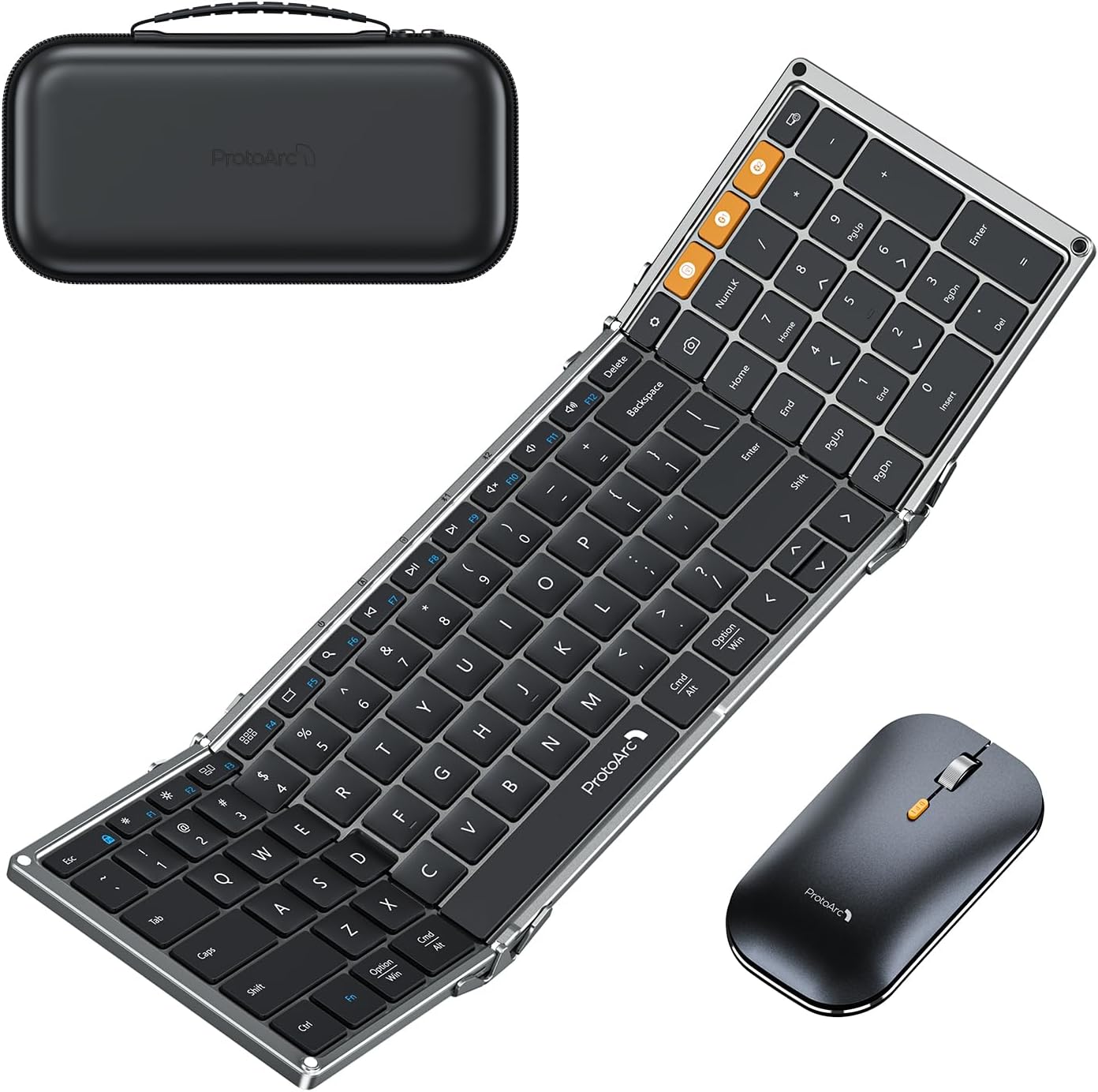 ProtoArc Foldable Keyboard and Mouse, XKM01 Folding Bluetooth Keyboard Mouse Combo for Business and Travel, 2.4G+Dual Bluetooth Full-Size Portable Keyboard for Laptop iPads Tablets - Space Gray