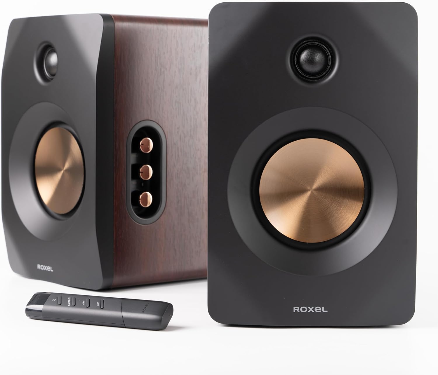 Roxel Nova Active Bookshelf Speakers, 100-Watt RMS Power, Wireless BT 5.4 Streaming, HDMI ARC,Optical Input, 3-Metre Speaker Cable, Dynamic Sound for Movies, Music, Office, Home Theatre (Walnut)