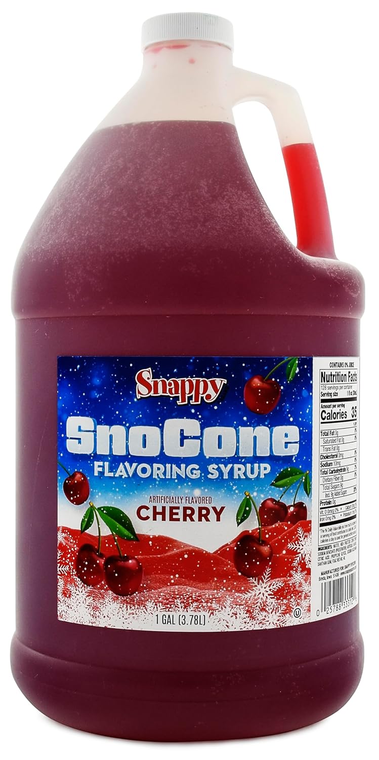 Snappy Cherry Sno Cone Syrup, 1 Gallon (128 ounces) Size, Ready to Use For Snow Cone Machines, Flavored Syrup for Shaved Ice, 14 Snow Cone Flavor Options