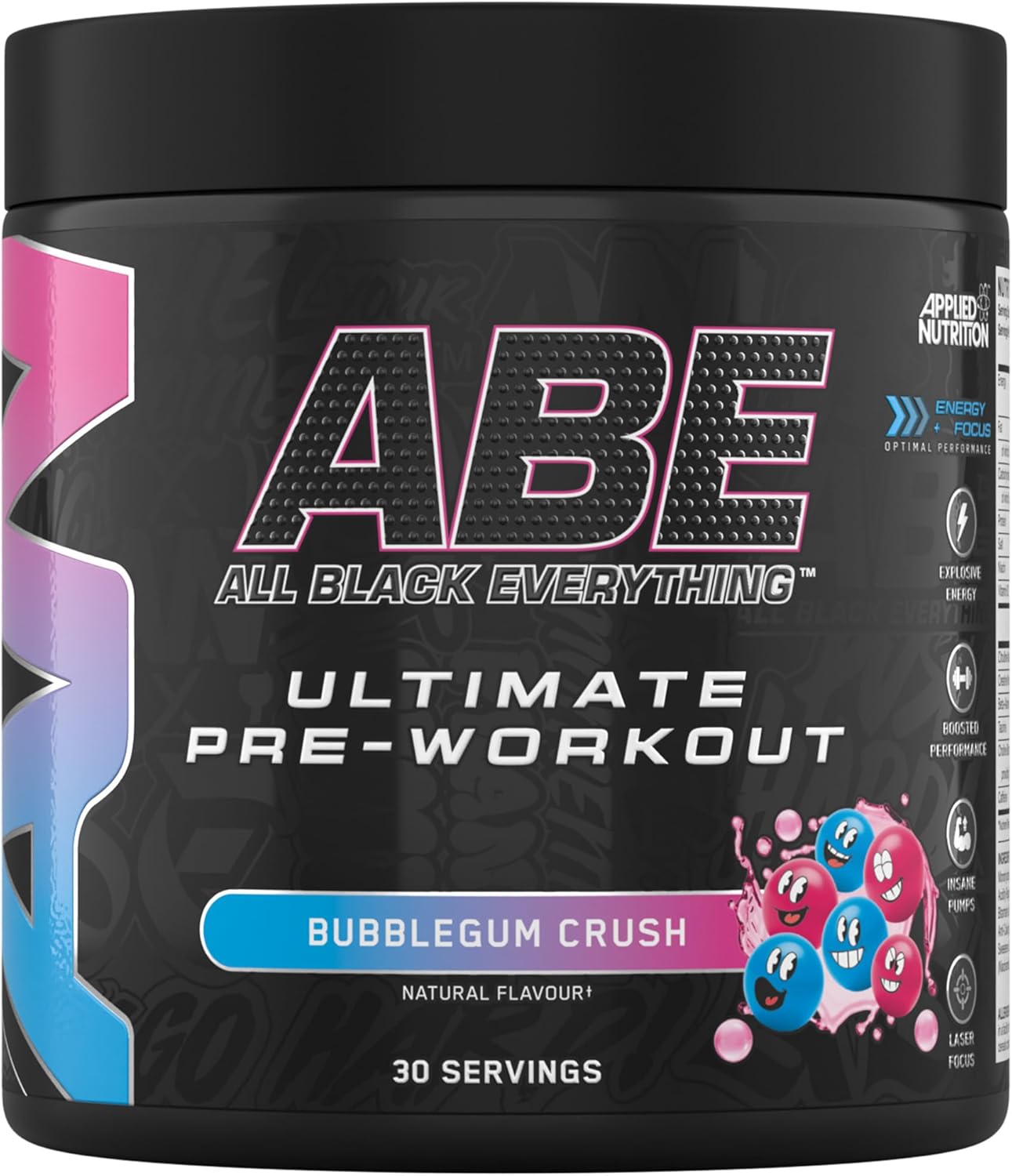 Applied Nutrition ABE Pre Workout - All Black Everything Pre Workout Powder, Energy & Physical Performance with Citrulline, Creatine, Beta Alanine (375g - 30 Servings) (Bubblegum Crush)