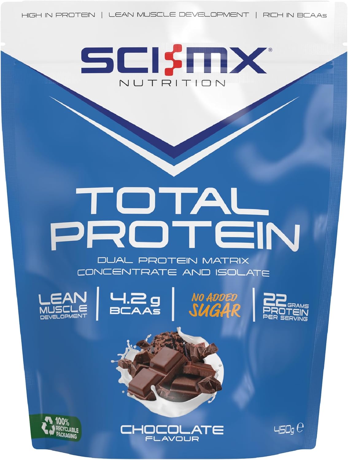 SCI-MX Total Protein - Concentrate & Isolate Powder - Lean Muscle Development - Chocolate • No Added Sugar • 4.2g BCAAs + 22g Protein per Serving • 450g