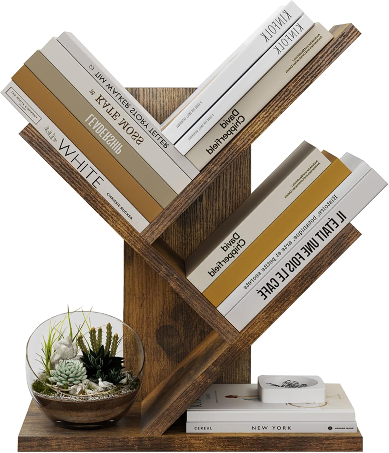 Tajsoon Tree Bookshelf 3 Tier Book Storage Organizer Shelves, Desktop Bookshelf Floor Standing Bookcase Display for CDs/Magazine/Books, Small Bookshelf for Bedroom, Living Room Office, Rustic Brown