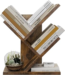 Tajsoon Tree Bookshelf 3 Tier Book Storage Organizer Shelves, Desktop Bookshelf Floor Standing Bookcase Display for CDs/Magazine/Books, Small Bookshelf for Bedroom, Living Room Office, Rustic Brown