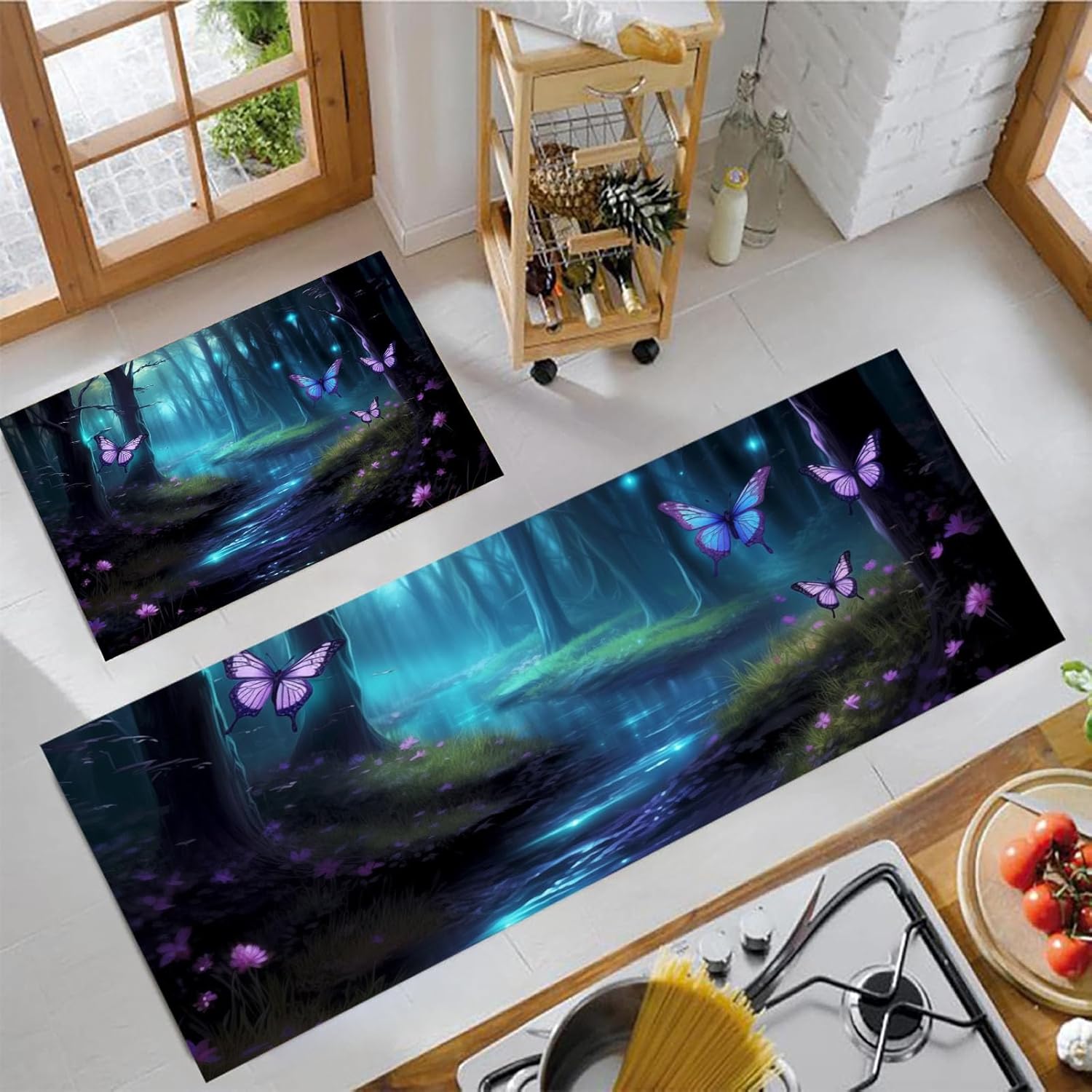 JEDTAKCT Butterfly River Carpet Runners For Kitchen Non-Slip Fantasy Forest Kitchen Rug Runner Washable Short Pile Floor Mat For Entryway Bedroom Laundry Room, Royal Blue, 50X80Cm+50X150Cm