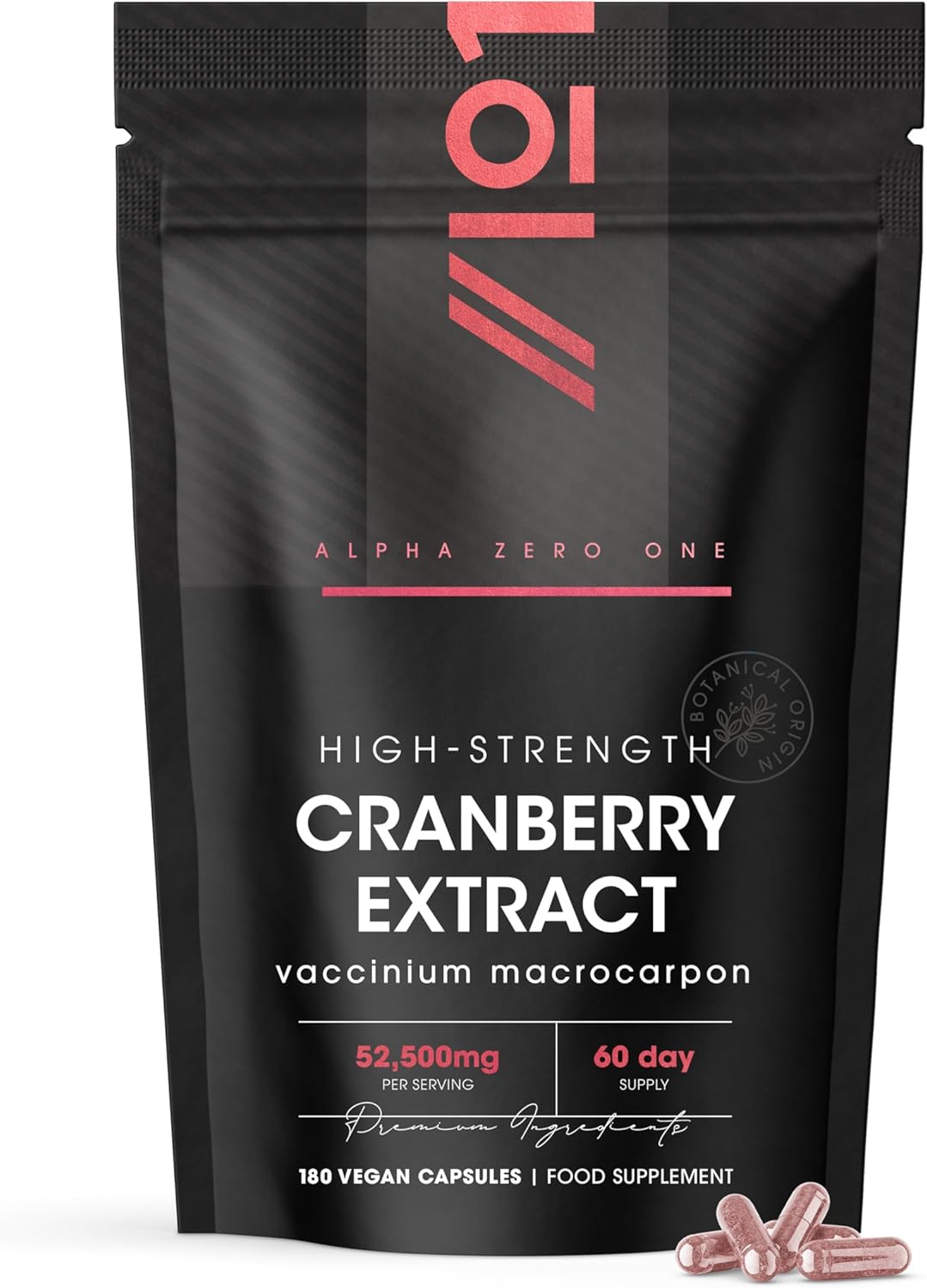 Cranberry Extract 52,500mg – 180 Vegan Capsules – High Strength 50:1 Cranberry Extract (Vaccinium Macrocarpon) – Resealable and Recyclable Pouch by Alpha01