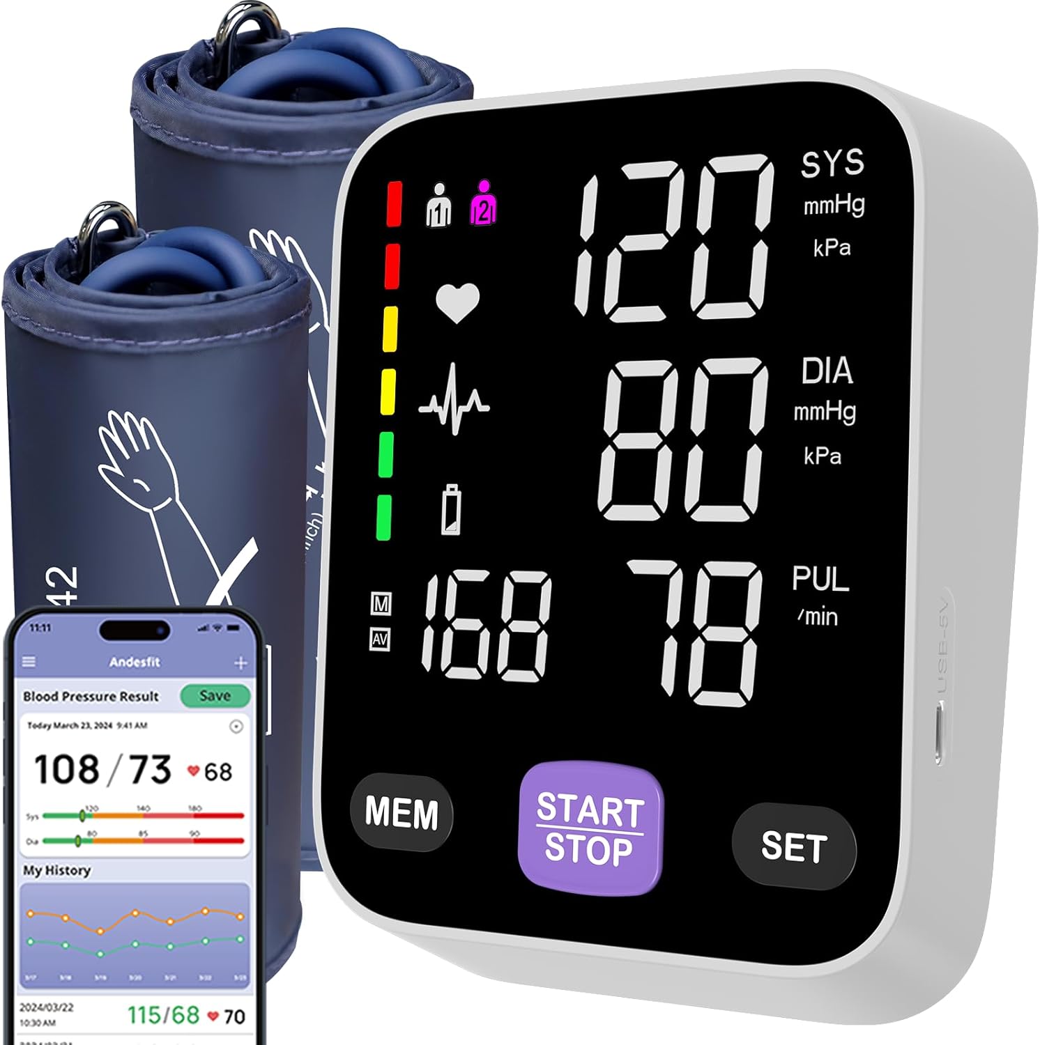 Bluetooth Accurate Blood Pressure Monitors for Home use with 17" Large and 21" Extra Large bp Cuff 6 inches Color LED Screen USB Automatic Arm Type XL Blood Pressure Machine Apple Health Free APP