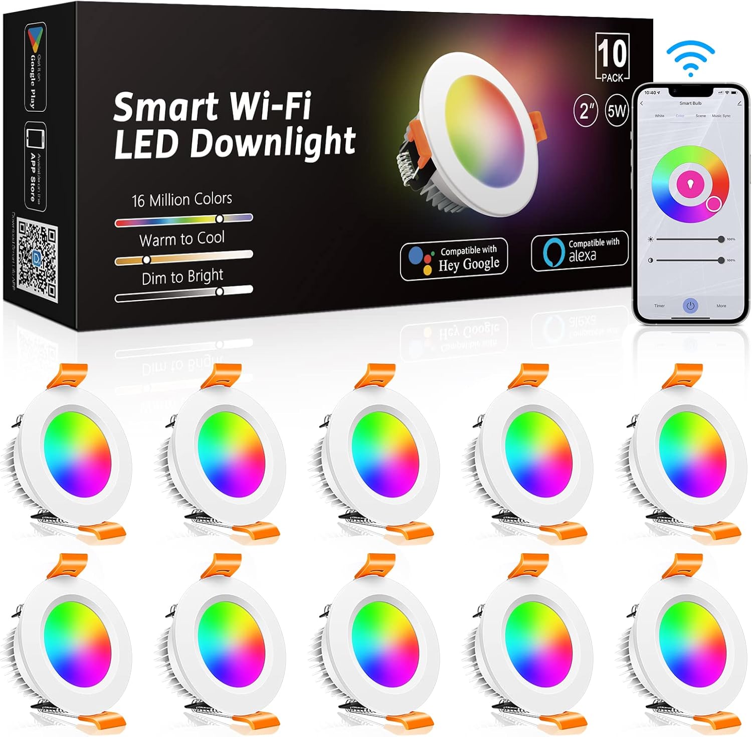 inShareplus Smart Recessed Lighting 2 Inch 10 Pack, WiFi LED Downlight 5W 120V, Dimmable RGBCW 2700-6500K Color Changing, Compatible with Alexa/Google, Ceiling Lights with LED Driver