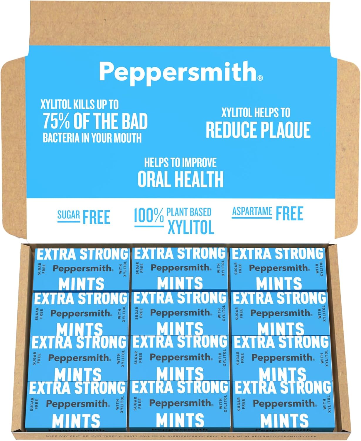 Peppersmith - Extra Strong Mints - Sugar Free Mints - 100% Plant Based Xylitol - Natural Sweetener - Natural Eucalyptus - Freshens Breath - Benefits Oral Health - Pocket Packs - 12x15g