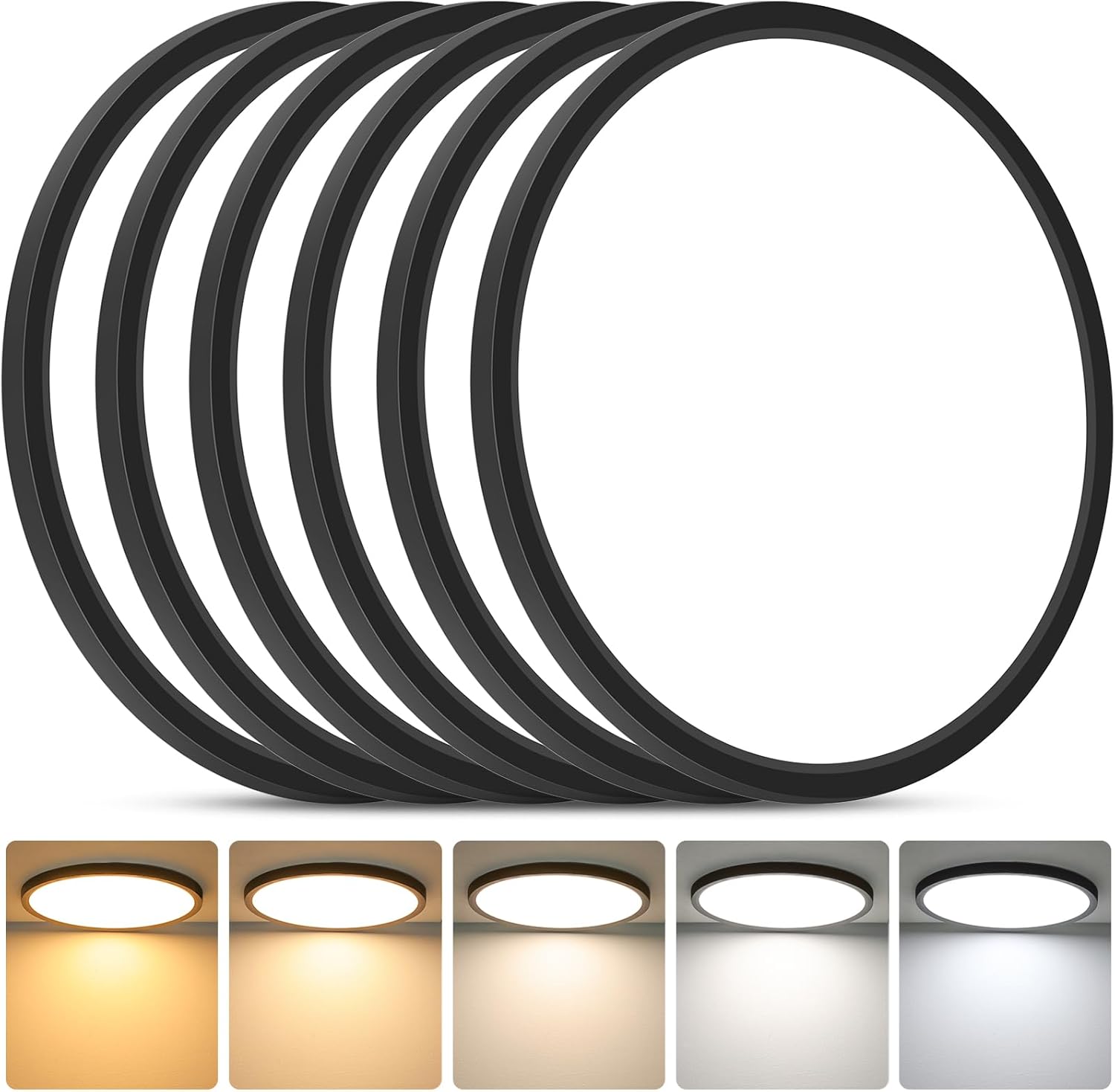 Brightever 12 Inch 6 Pack LED Ceiling Light Flush Mount, 24W 3200LM 0.67 Inch Thickness Close to Ceiling Light Fixtures, Dimmable & 2700K-6500K 5 Color Selectable Light Fixtures Ceiling Mount, Black