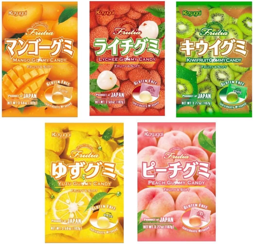 Kasugai Frutia Gummy Japanese Gluten Free Fruity Soft Candy Sweets Snacks 102g (3 Packs 3 Different Random Flavours)